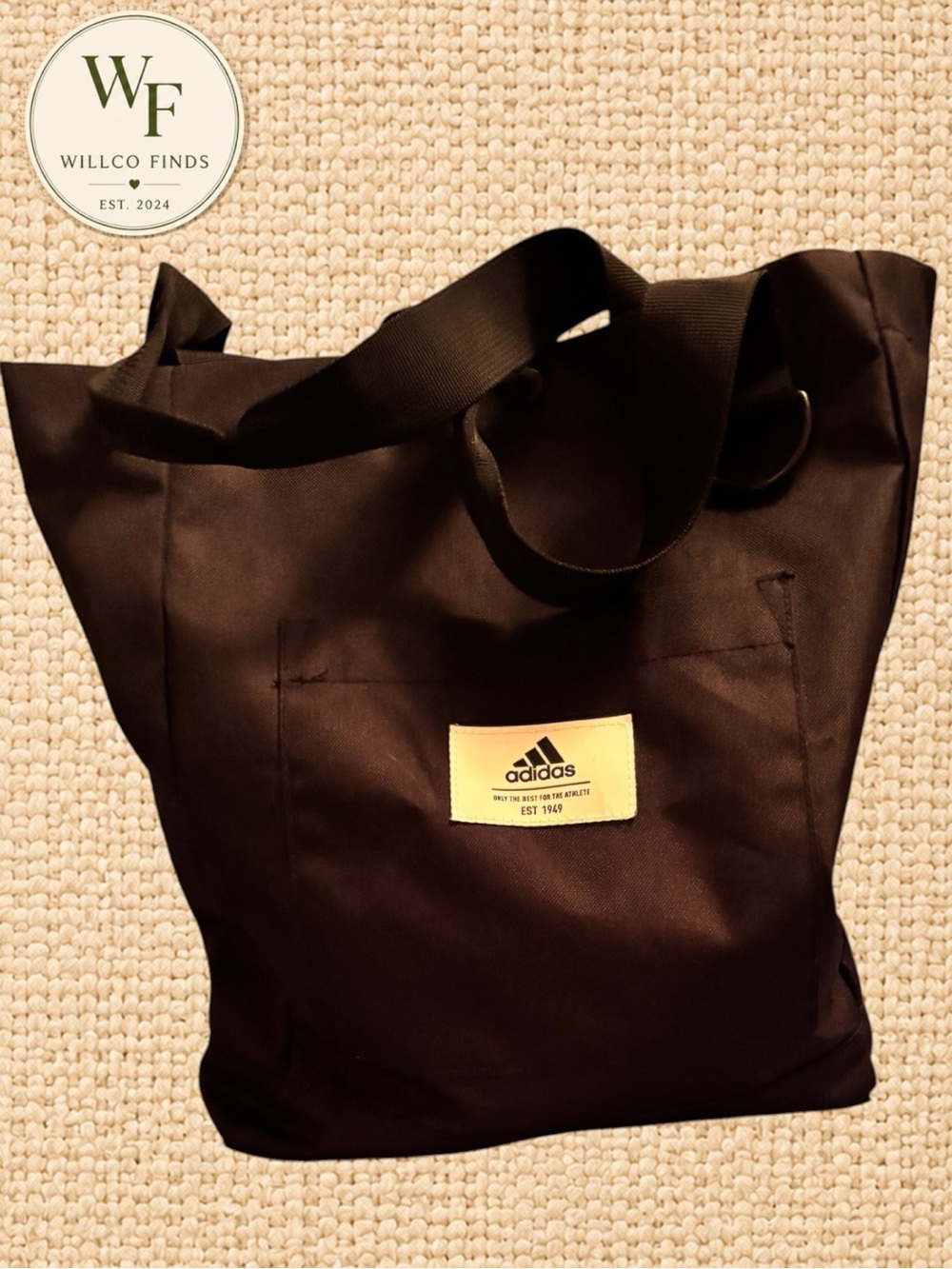 Adidas Black Tote Bag Shoulder Shopper Recycled Polyester Large Logo Pocket